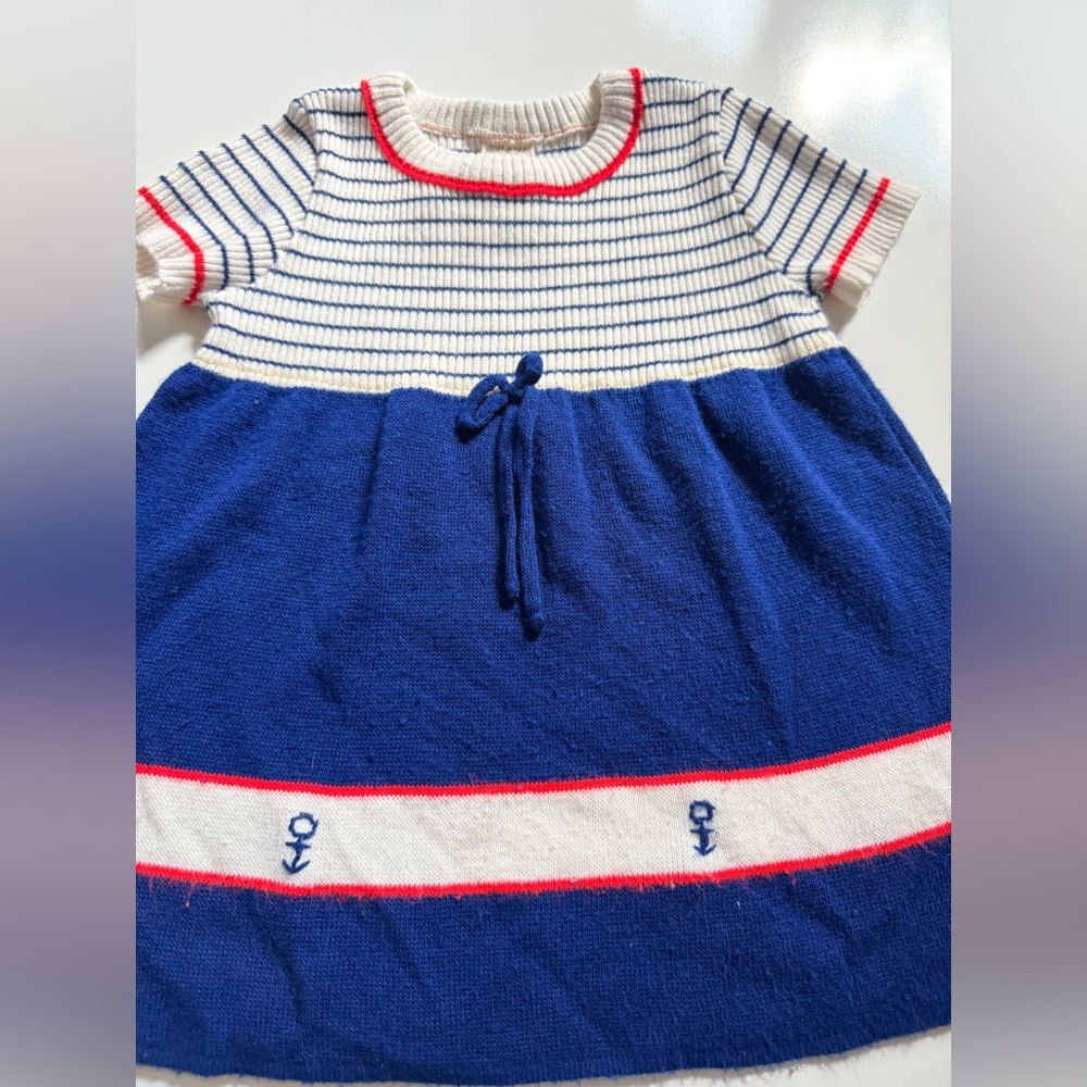 Little World Vintage Nautical Striped Kids Dress - Blue and White